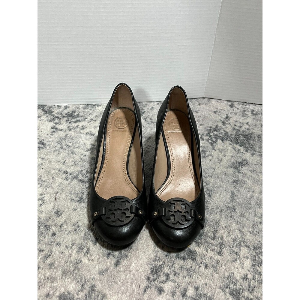 Tory‎ Burch Mini Miller Black Wedge Leather Logo Pump 7.5M